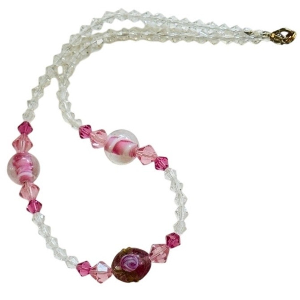 VTG Beaded Necklace Venetian Murano Glass Wedding Cake Floral pink crystal 16"